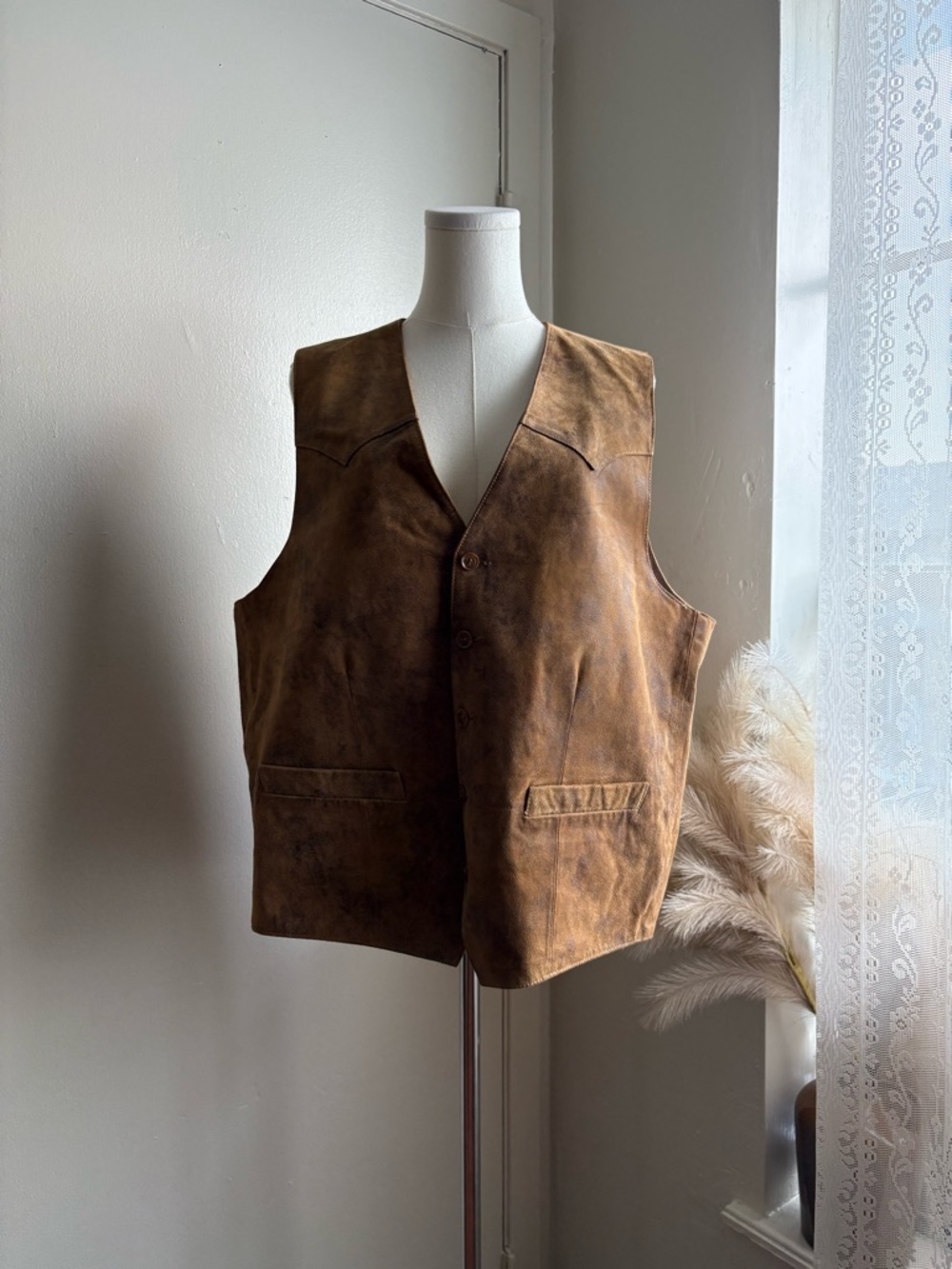 vintage 80s scully brown leather suede button front jacket vest